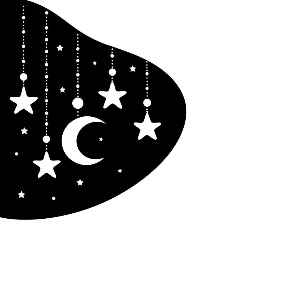 Elegant night sky design with hanging stars and crescent moon, creating a peaceful and celestial atmosphere on a dark canvas vector