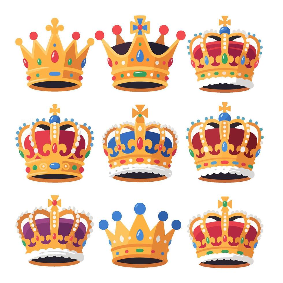 Collection of Nine Cartoon Royal Crowns with Jewels and Varying Designs. vector