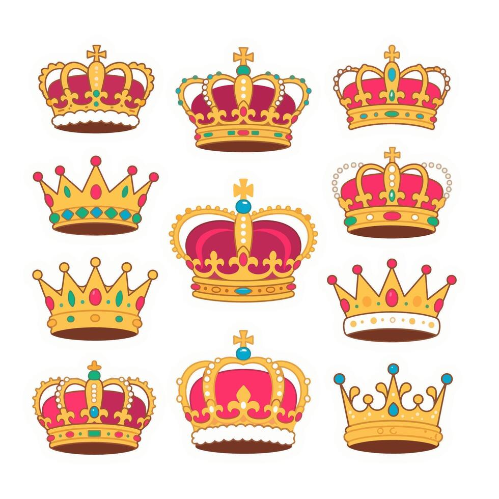 Collection of nine cartoon crowns with various shapes colors and embellishments. vector