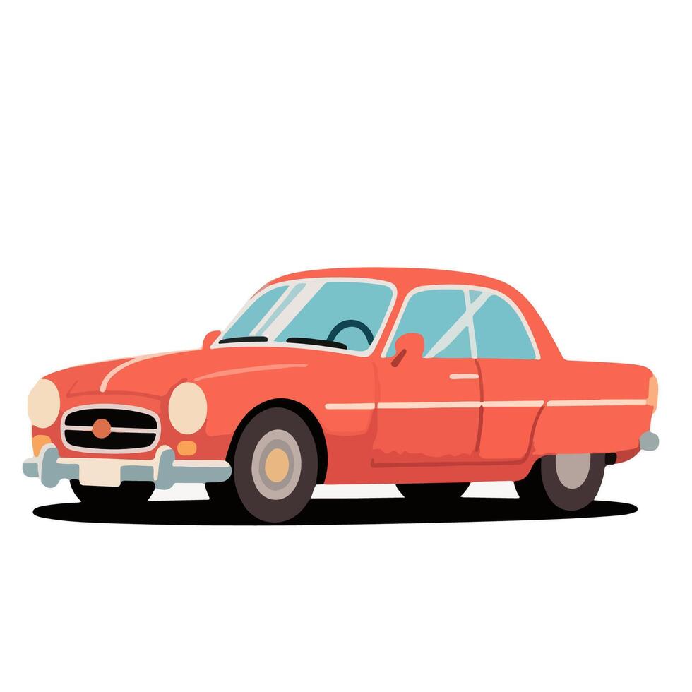 Vintage Coral Car with Blue Windows and White Accent Stripes Illustration. vector