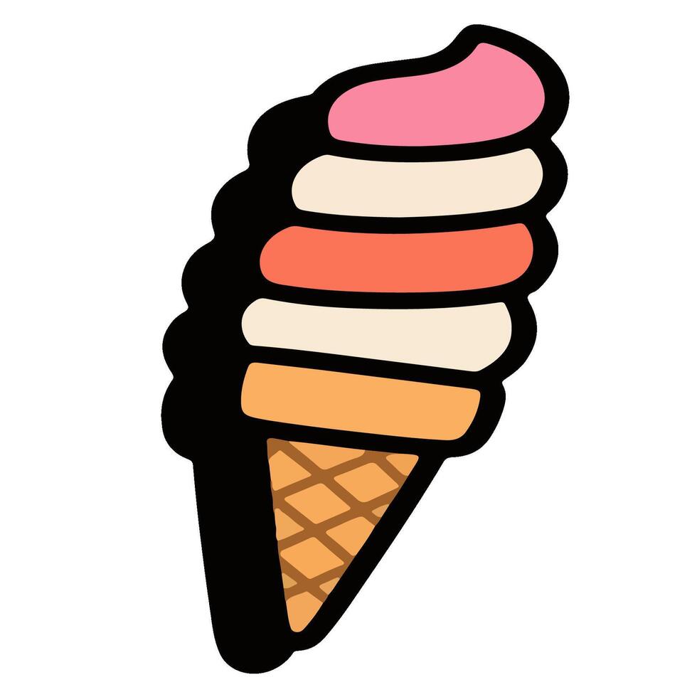 Layered Ice Cream Cone with Bold Outline and Swirl Design. vector