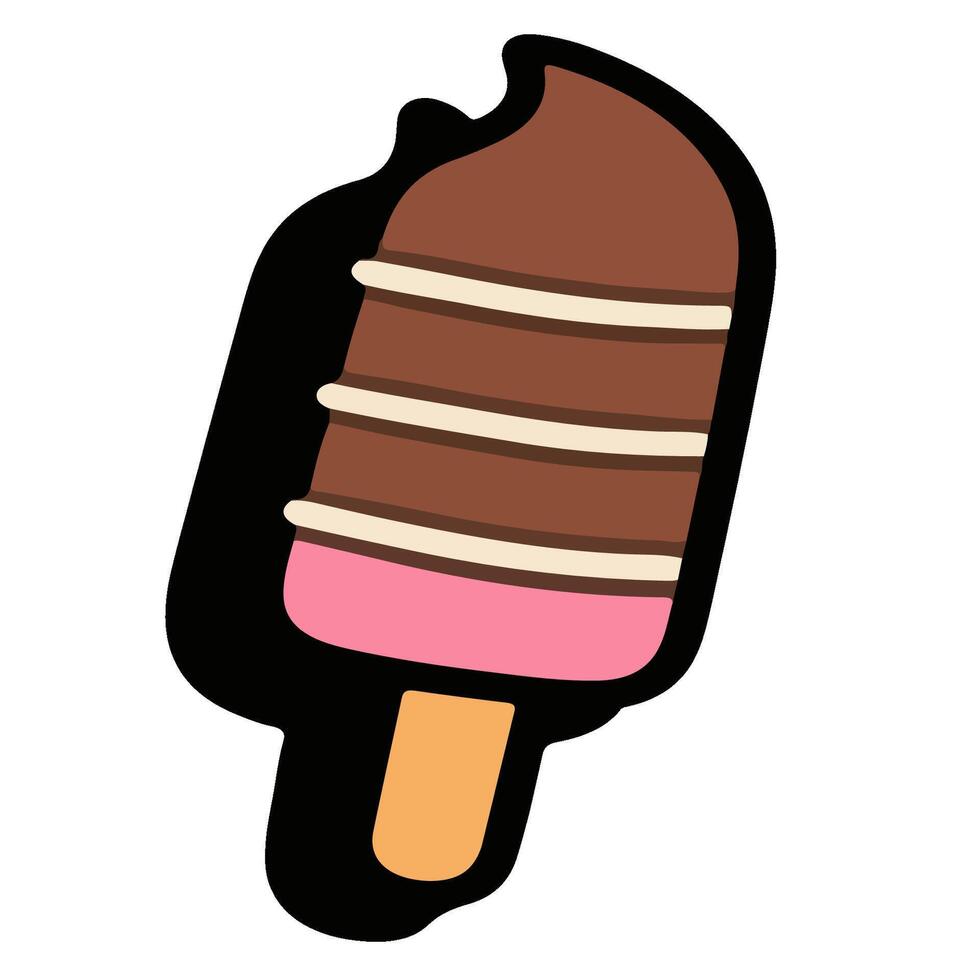 Cartoon layered chocolate and strawberry ice cream bar with a bite mark. vector