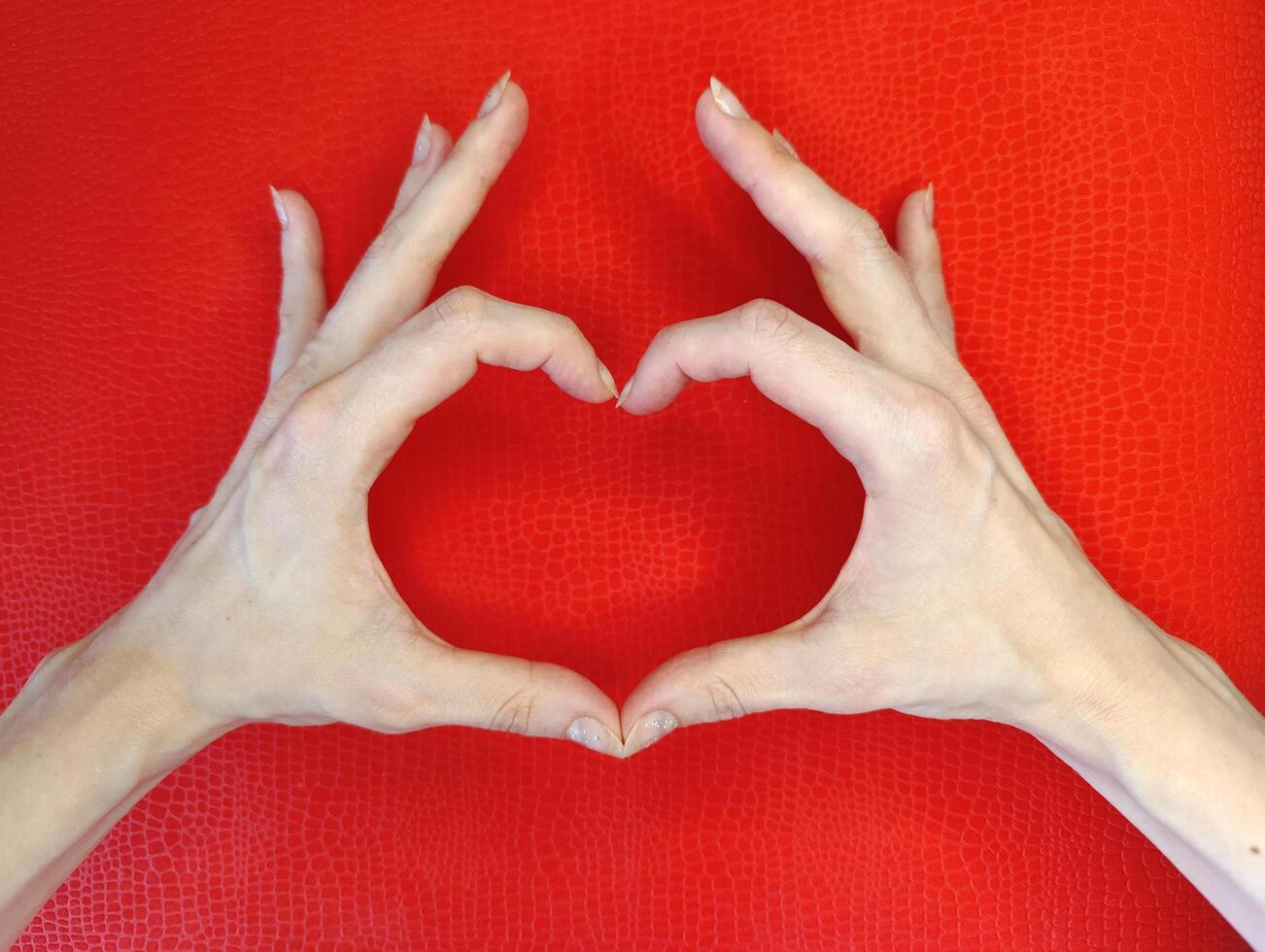 Hands forming a heart shape against a vibrant red background expressing love and connection photo