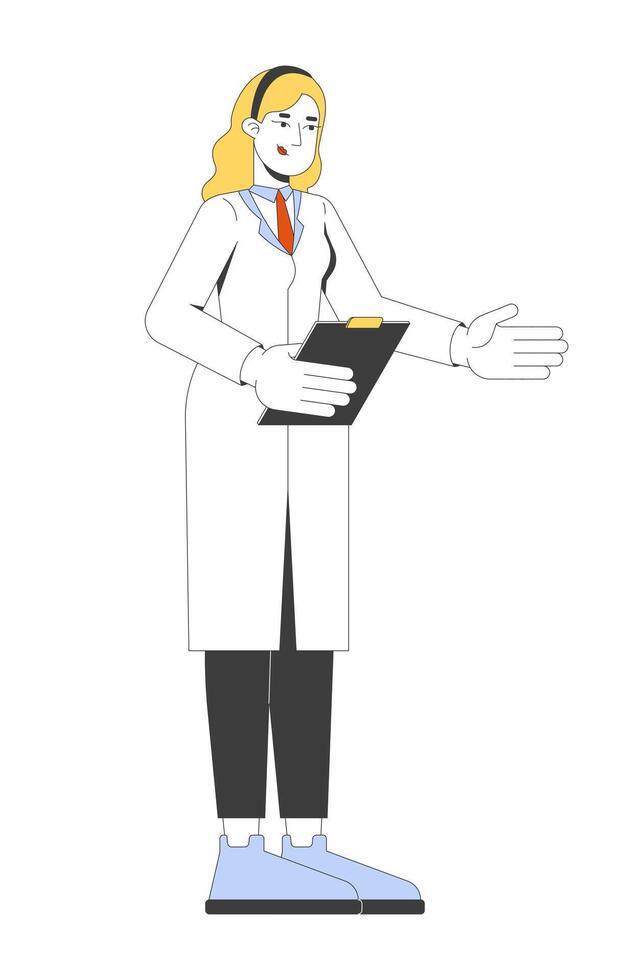 Blonde woman scientist holding clipboard in lab coat 2D cartoon character. Female researcher science expert gesturing explaining flat person isolated on white. Spot illustration colorful vector