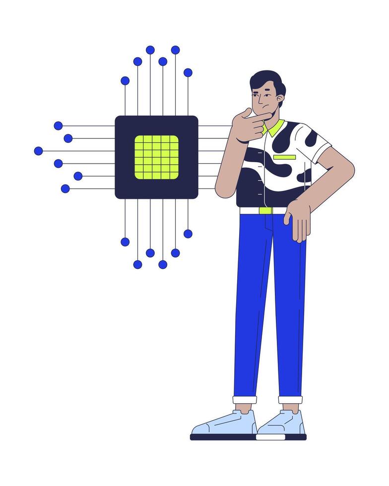 Confused by electronics 2D illustration concept. IT school course. Machine learning. Indian student curiosity in microchip processor cartoon character isolated on white. Flat abstract metaphor vector