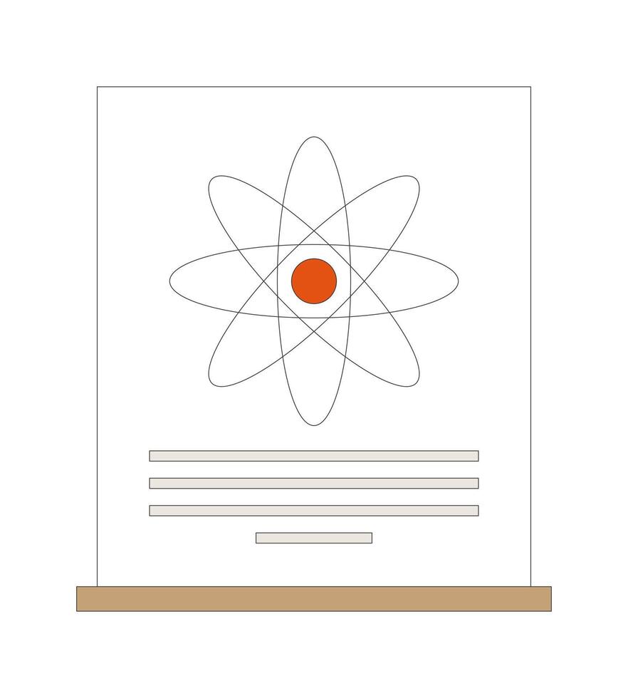 Science poster on wooden stand with atomic model 2D cartoon object. STEM research display. Physics atom nucleus educational paper isolated element flat clip art on white. Spot illustration vector