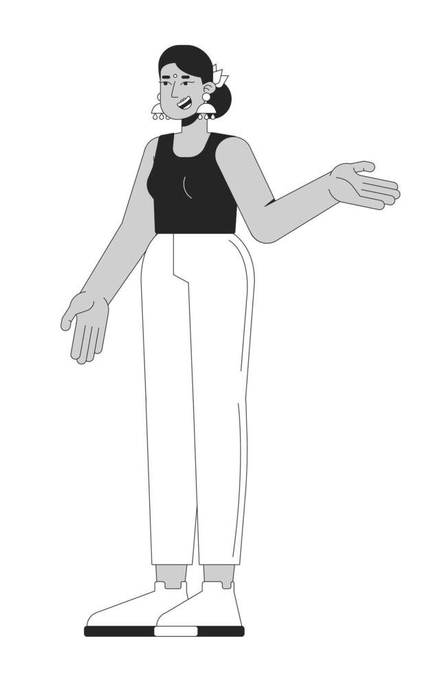 Hindu woman in casual wear gesturing while talking 2D line character. Modern indian female expressive pose friendly speaking isolated ink outline person. Monochromatic spot illustration vector