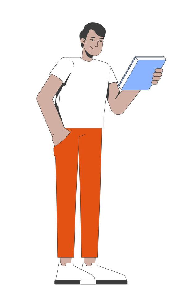 Young indian man in white tshirt holding book 2D cartoon character. South asian male reader in relaxed posture with pleasant expression flat person isolated on white. Spot illustration colorful vector
