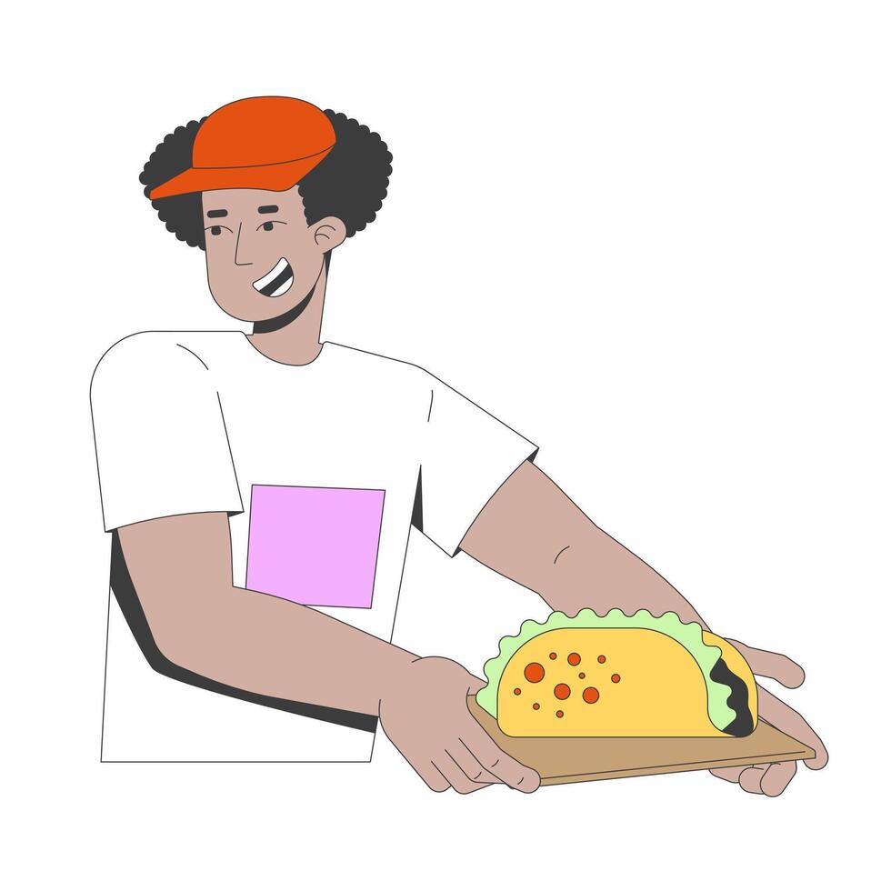 Smiling latino street food vendor offering taco on tray 2D cartoon character. Hispanic man in cap serving fastfood. Friendly worker flat person isolated on white. Spot illustration colorful vector