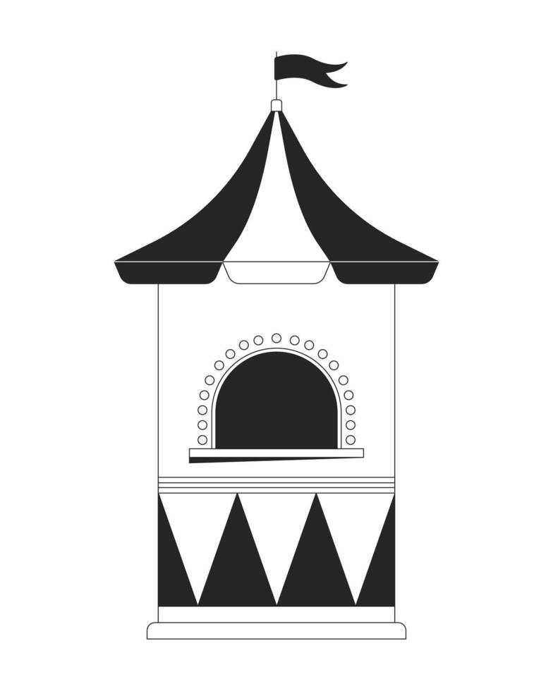 Carnival ticket booth 2D line object. Fairground entrance. Amusement tent. Striped roof, arched window, fun fair ticket stand isolated clipart ink outline item. Monochrome spot illustration vector