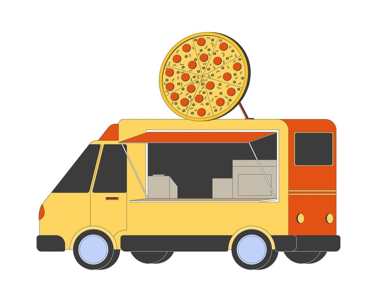Pizza food truck with large pepperoni signboard 2D cartoon object. Mobile pizzeria with peperoni. Italian cuisine. Street food vehicle isolated element flat clip art on white. Spot illustration vector