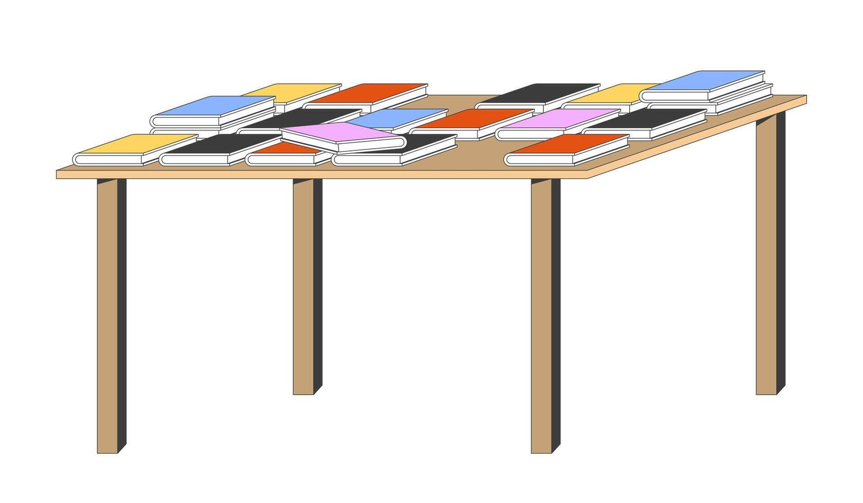 Wooden table displaying stacked library books 2D cartoon object. Study area. Reading corner. Literature. Novels showcase textbooks isolated element flat clip art on white. Spot illustration vector