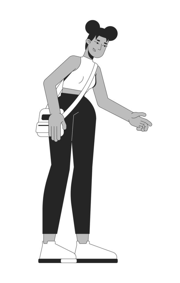 Modern black woman with crossbody bag reaching out 2D line character. African american girl leaning forward in casual fashion isolated ink outline person. Monochromatic spot illustration vector