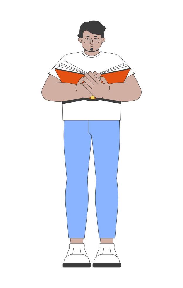 Eyeglasses arab man intently reading open book 2D cartoon character. Standing glasses guy holding novel with concentrated expression flat person isolated on white. Spot illustration colorful vector