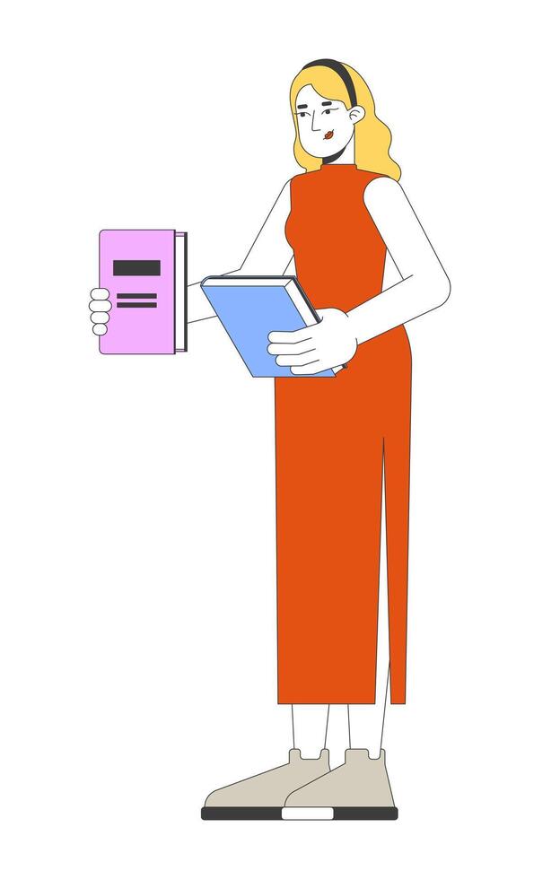 European blonde woman in qipao comparing books in hand 2D cartoon character. Standing girl reader in casual cheongsam with novels flat person isolated on white. Spot illustration colorful vector