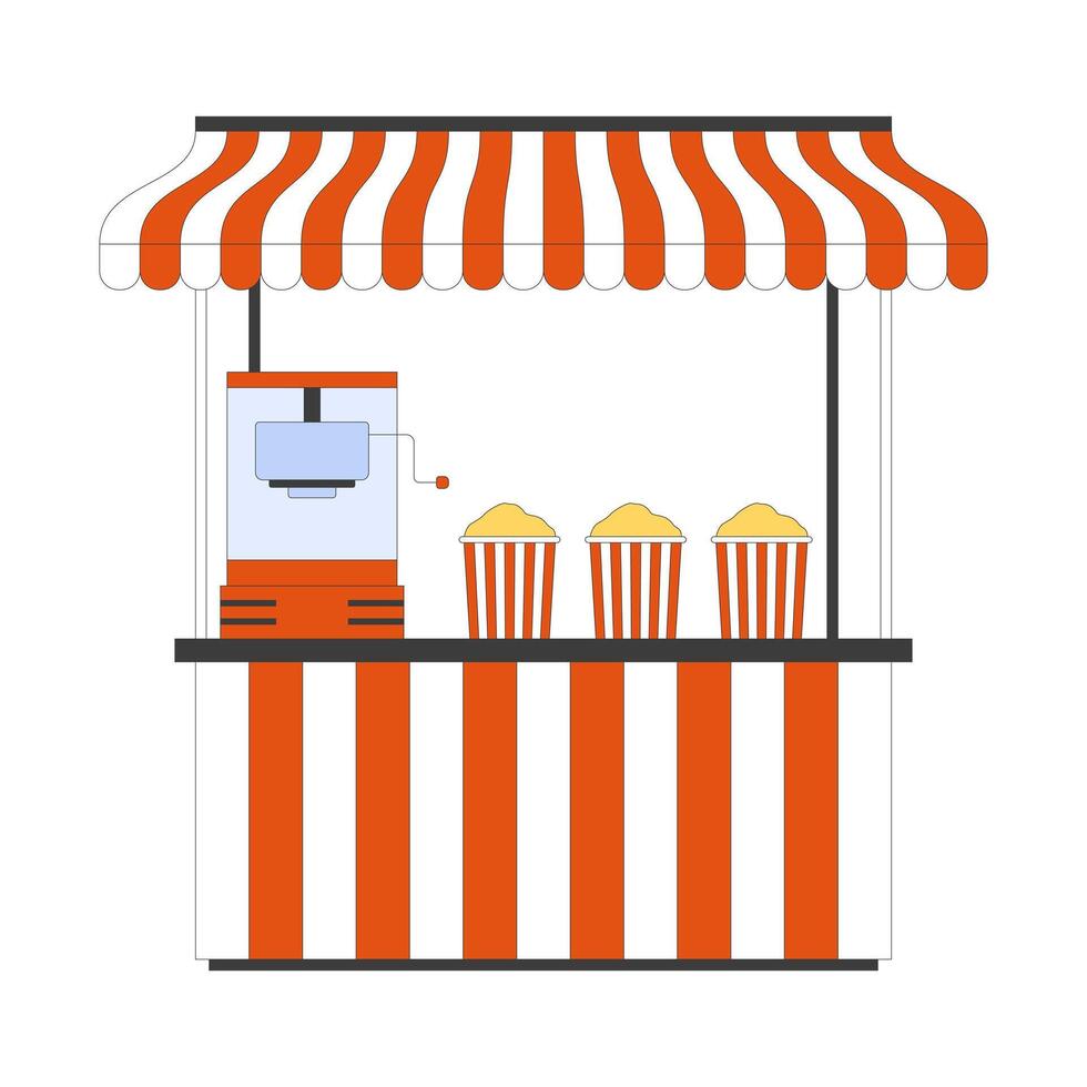 Popcorn stall with striped canopy and machine 2D cartoon object. Food festival vendor kiosk. Snack counter with popcorn buckets isolated element flat clip art on white. Spot illustration vector