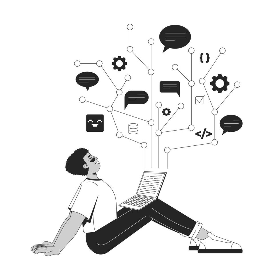 Joy of programming line illustration concept. IT school course. Coding education. Dev elearning. Developer student sitting with laptop outline 2D character isolated. Ink linear metaphor art vector