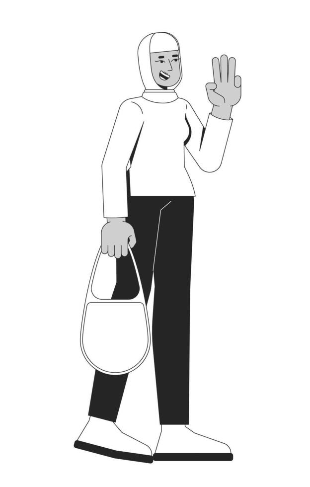 Cheerful hijab woman walking with three fingers salute 2D line character. Modest muslim female carrying handbag, welcoming gesture isolated ink outline person. Monochromatic spot illustration vector