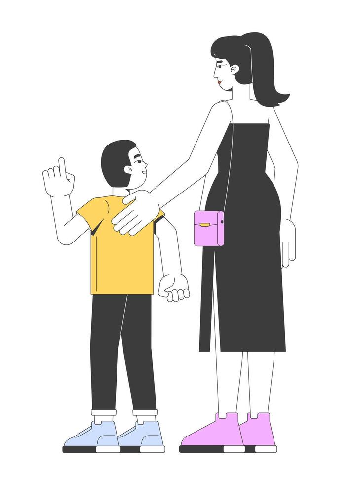 European mother gently leading young son while walking 2D cartoon characters. Korean woman in black dress with pointing boy child flat people isolated on white. Spot illustration colorful vector