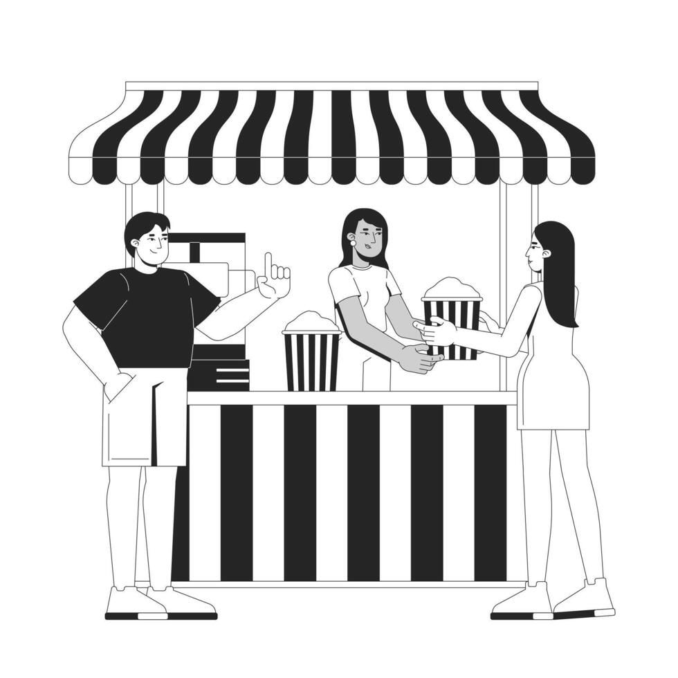 Female popcorn vendor serving customers at striped awning stand 2D line characters. Fastfood worker handing over cinema snack isolated ink outline people. Monochromatic spot illustration vector