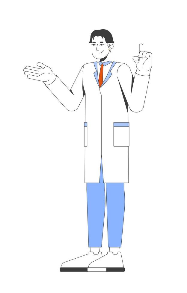 Friendly korean male scientist explaining in lab coat 2D cartoon character. STEM researcher asian man expert presenting gesturing flat person isolated on white. Spot illustration colorful vector
