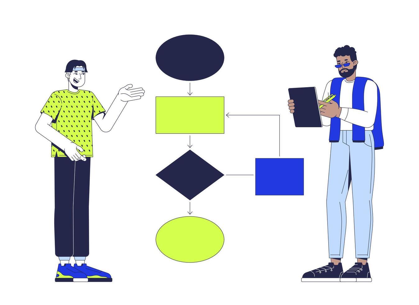 Learning data structures and algorithms 2D illustration concept. IT school. Teacher explaining flowchart in programming to student cartoon characters isolated on white. Flat abstract metaphor vector