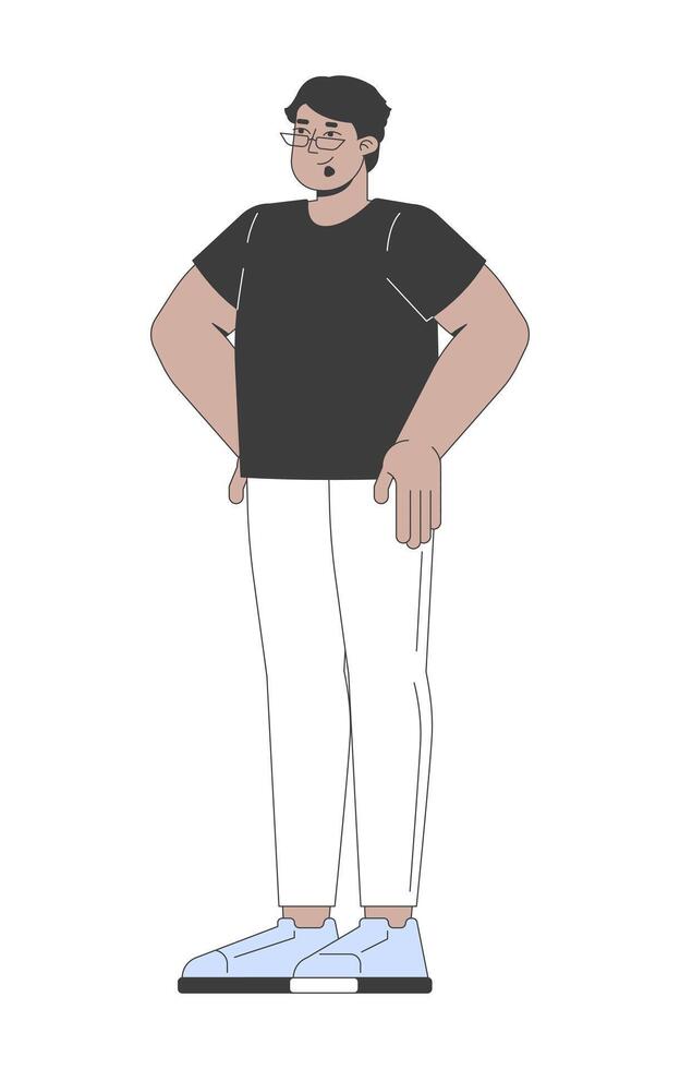 Arab man with eyeglasses standing confidently with hands on hips 2D cartoon character. Glasses guy in black tshirt and white pants flat person isolated on white. Spot illustration colorful vector