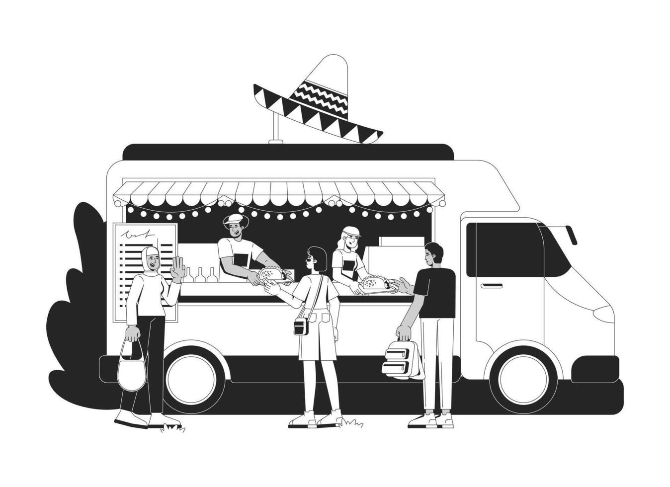 Crowded mexican food truck with tacos handoff 2D line characters. Friendly vendors serving cultural meal to diverse customers isolated ink outline people. Monochromatic spot illustration vector