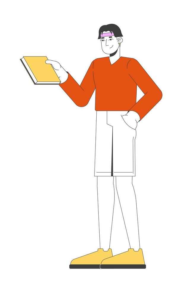 Chinese young man holding book in relaxed pose 2D cartoon character. Bookworm reader. Korean male in casual style with reading hobby flat person isolated on white. Spot illustration colorful vector