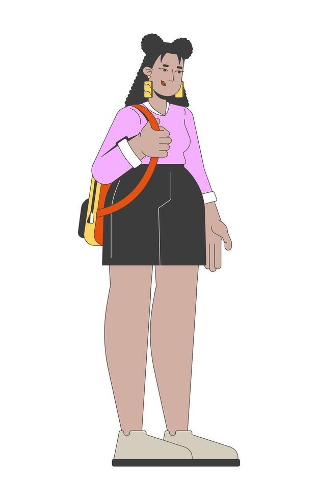 Streetwear latin american curvy woman carrying backpack 2D cartoon character. Plus size hispanic girl student with rucksack flat person isolated on white. Spot illustration colorful vector