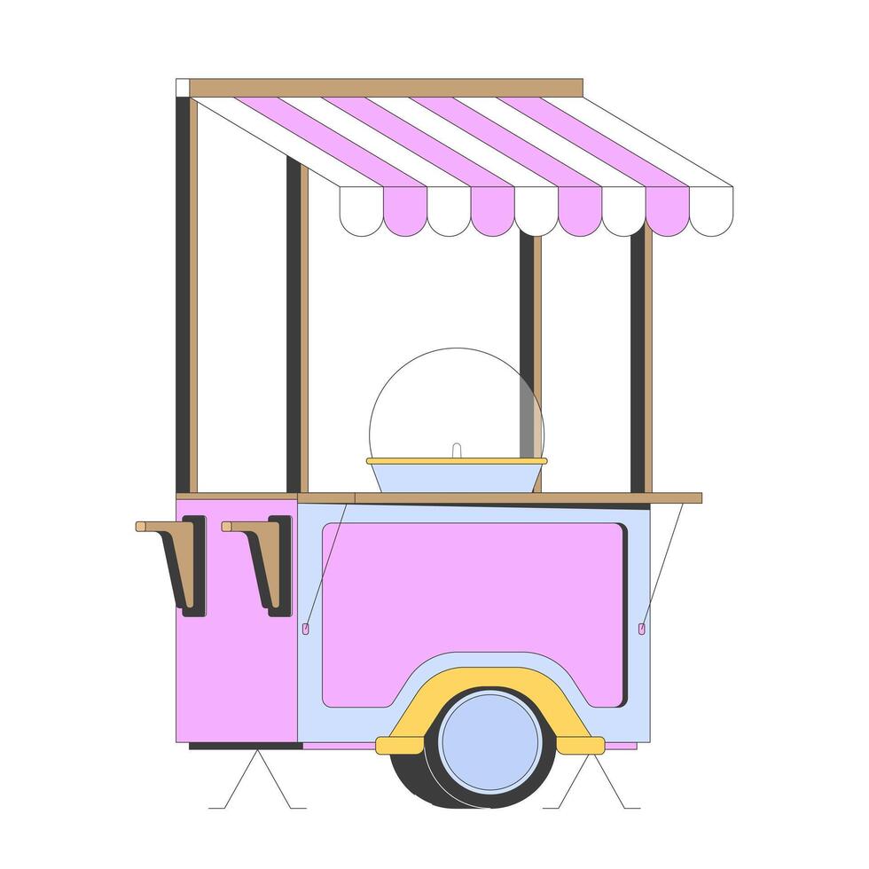 Cotton candy cart with striped canopy 2D cartoon object. Festive and street fair theme. Mobile stand. Dessert stall. Treat station isolated element flat clip art on white. Spot illustration vector