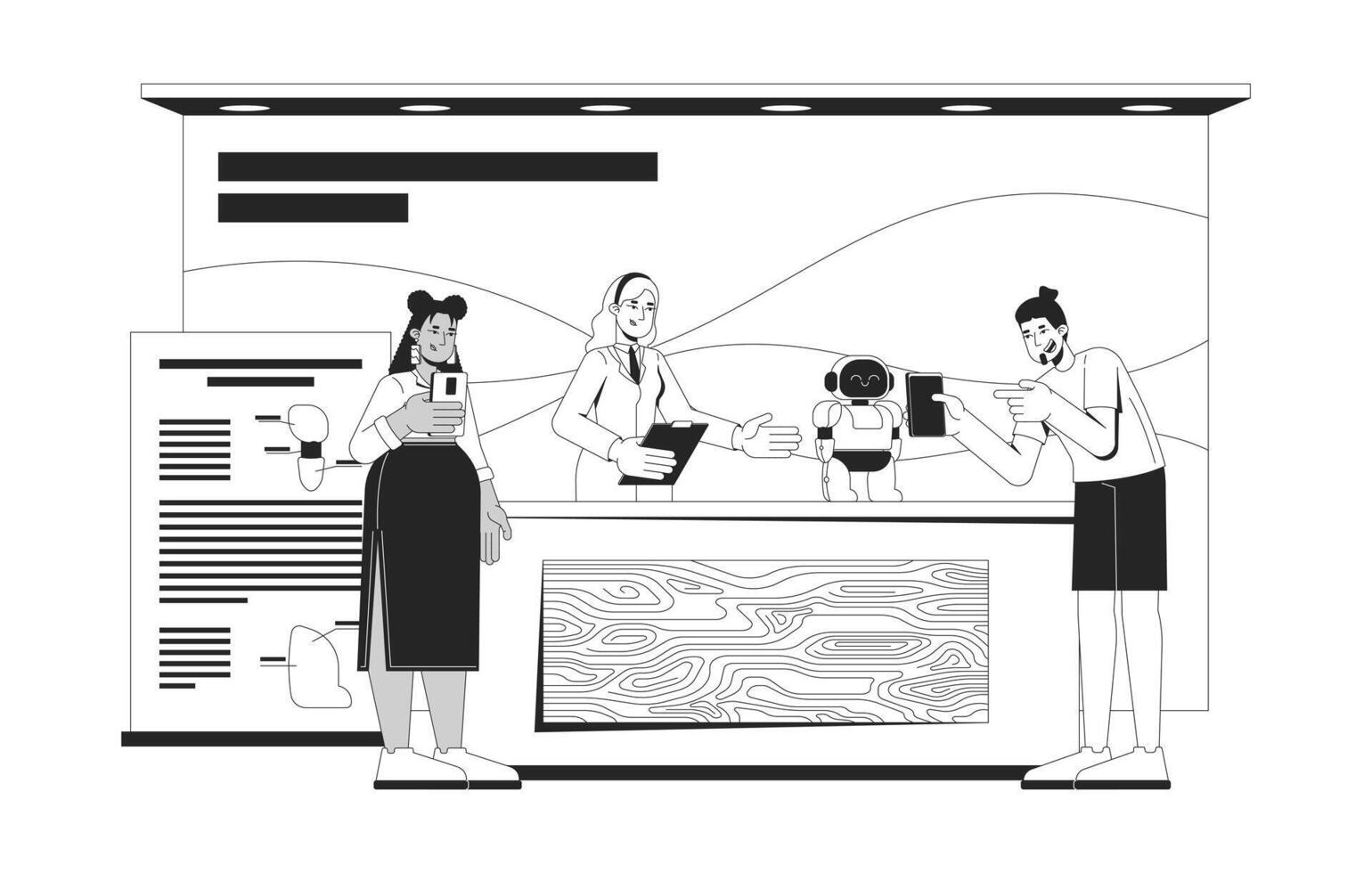 Robot demo at science fair booth with engaged diverse attendees 2D line characters. STEM female engineer showcasing robotics isolated ink outline people. Monochromatic spot illustration vector