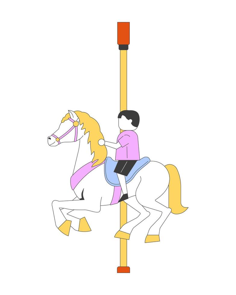 Child riding carousel horse at amusement park 2D cartoon character. Nostalgic joy. Young kid enjoying merry go round flat faceless person isolated on white. Spot illustration colorful vector