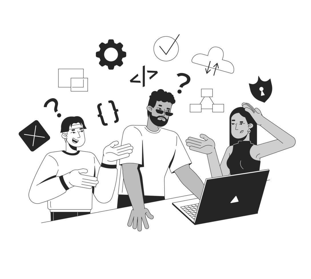 Learning to code in group line illustration concept. IT school course. Collaborative development. Diverse programming team discussion outline 2D characters isolated. Ink linear metaphor art vector