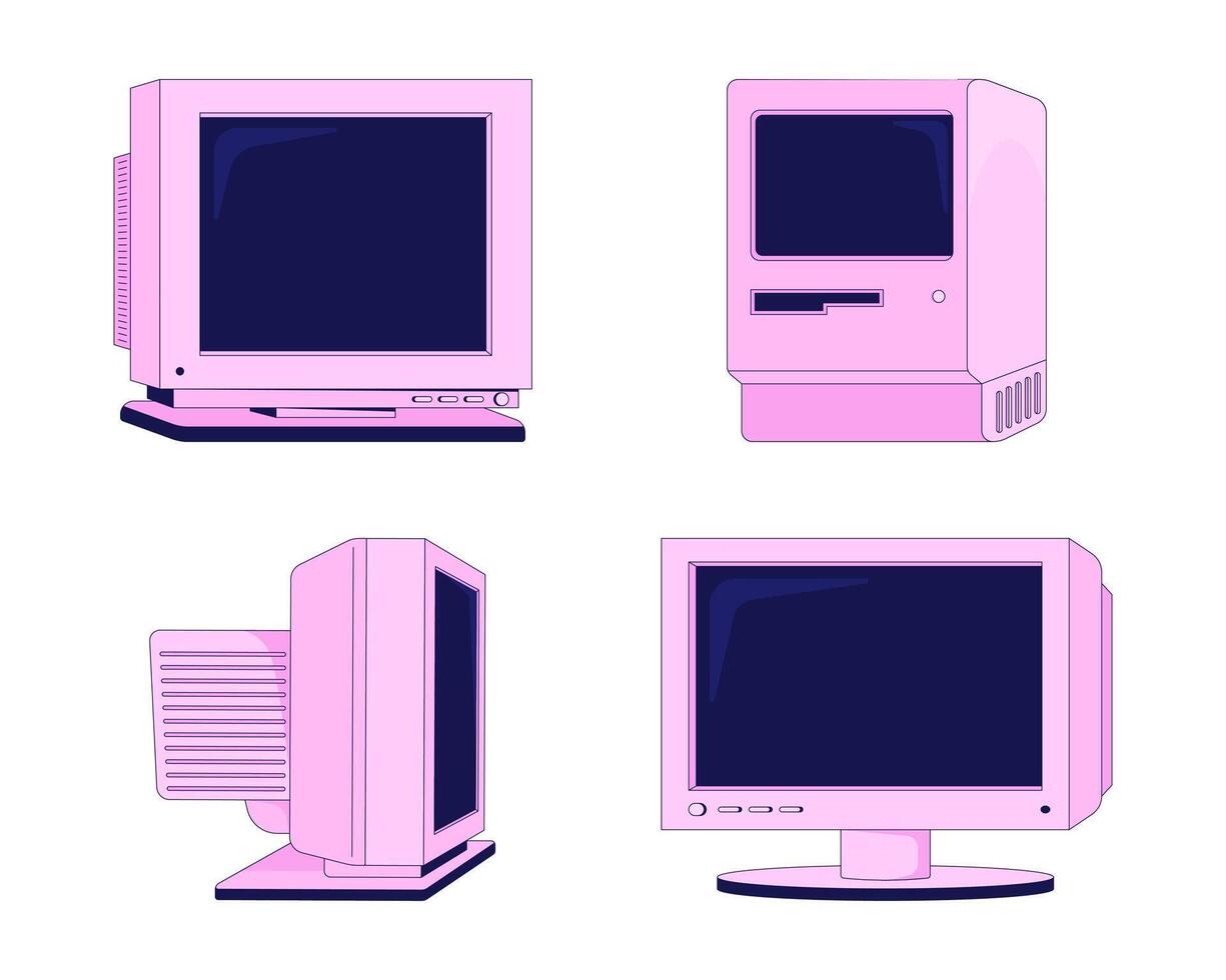 Pink vintage computers and CRT monitors 2D cartoon objects set. Old technology. Outdated devices. 80s 90s tech nostalgia isolated elements flat clip arts on white. Spot illustrations collection vector