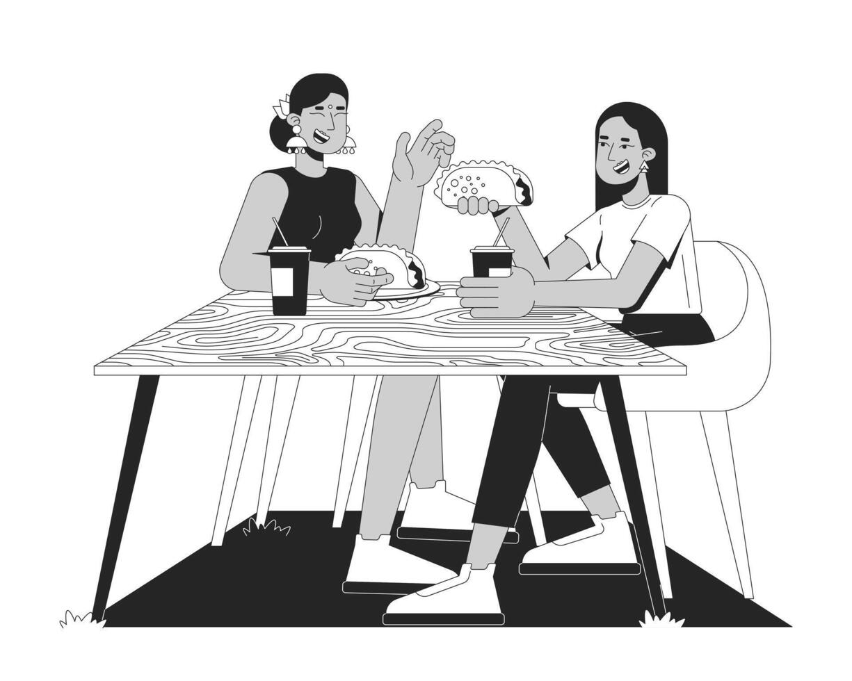 Diverse girls friends enjoying tacos and drinks at wooden table 2D line characters. Friendly mealtime outdoors. Girlfriends lunch isolated ink outline people. Monochromatic spot illustration vector