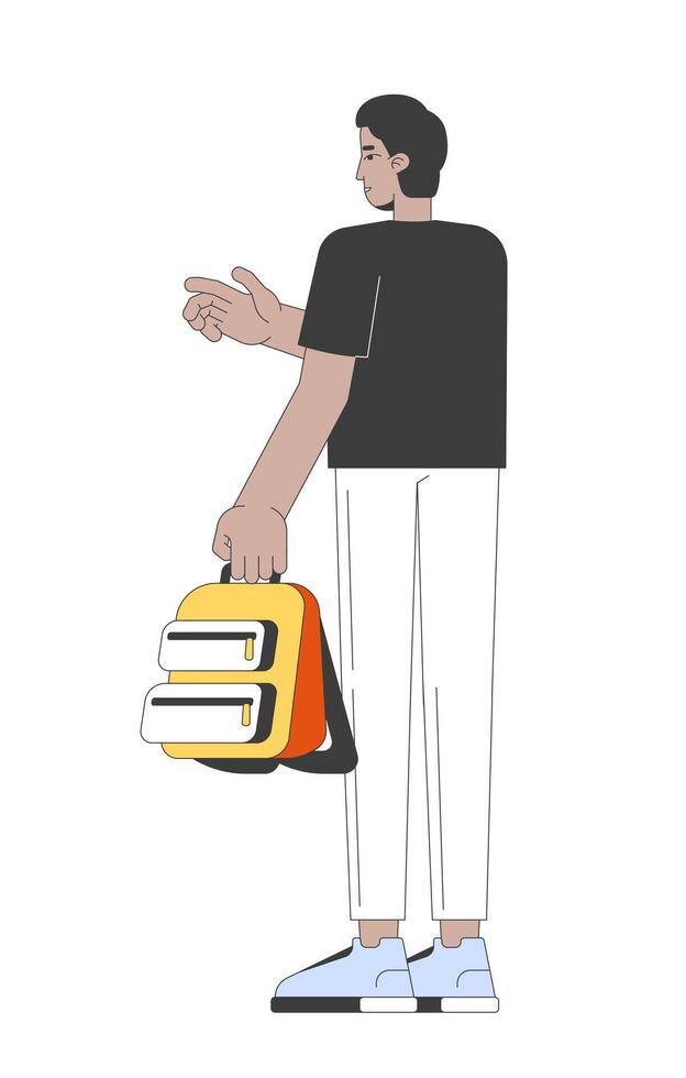 Facing away indian man holding backpack and pointing forward 2D cartoon character. South asian young male everyday wear gesturing flat person isolated on white. Spot illustration colorful vector