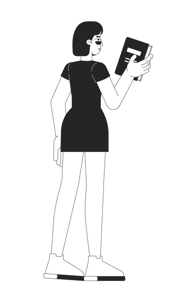 Young chinese woman holding book and facing away 2D line character. Asian girl in sunglasses and short sleeved dress reading novel isolated ink outline person. Monochromatic spot illustration vector