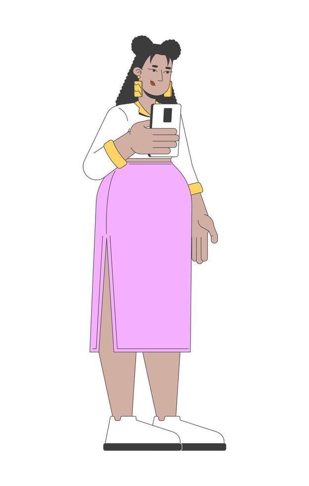 Curvy latina woman taking on smartphone 2D cartoon character. Plus size hispanic female in casual wear mobile phone selfie flat person isolated on white. Spot illustration colorful vector