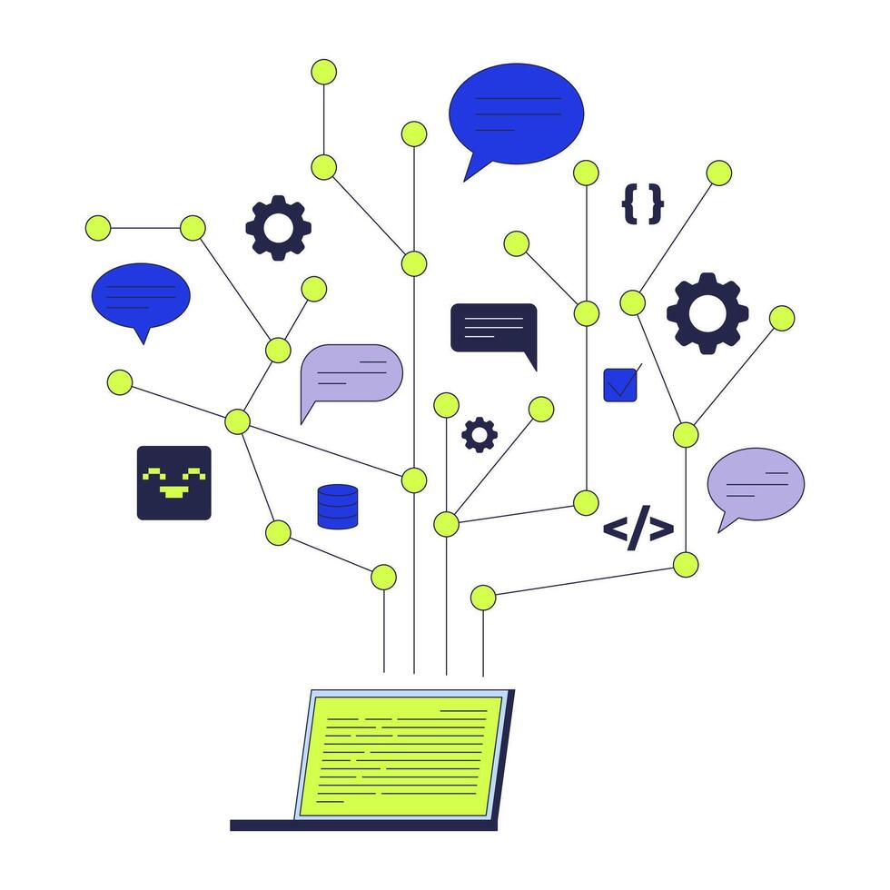 Laptop generating communication and coding tree structure 2D illustration concept. Programming, web development, IT speech bubbles cartoon object isolated on white. Flat abstract metaphor vector