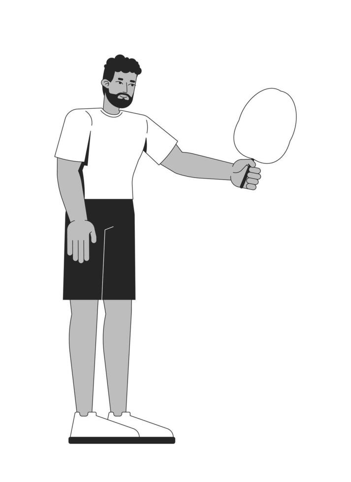 Bearded black man holding cotton candy treat 2D line character. Summer mood. African american guy standing with sweet snack isolated ink outline person. Monochromatic spot illustration vector