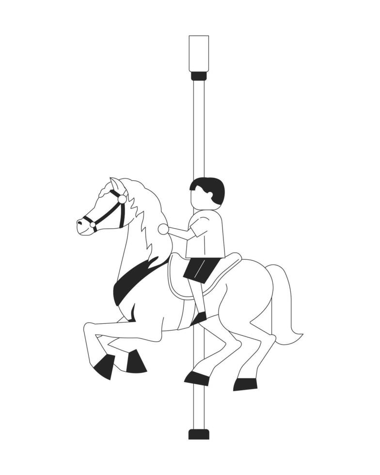 Child riding carousel horse at amusement park 2D line character. Nostalgic joy. Young kid enjoying merry go round isolated ink outline faceless person. Monochromatic spot illustration vector