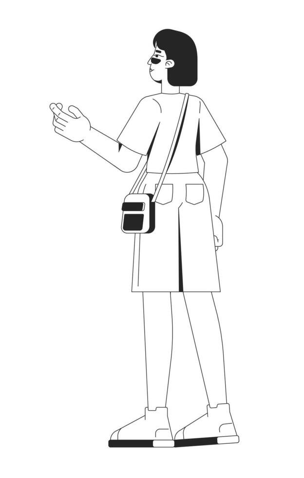 Trendy gen z asian girl with crossbody bag facing away 2D line character. Stylish millennial woman standing in summer clothing isolated ink outline person. Monochromatic spot illustration vector