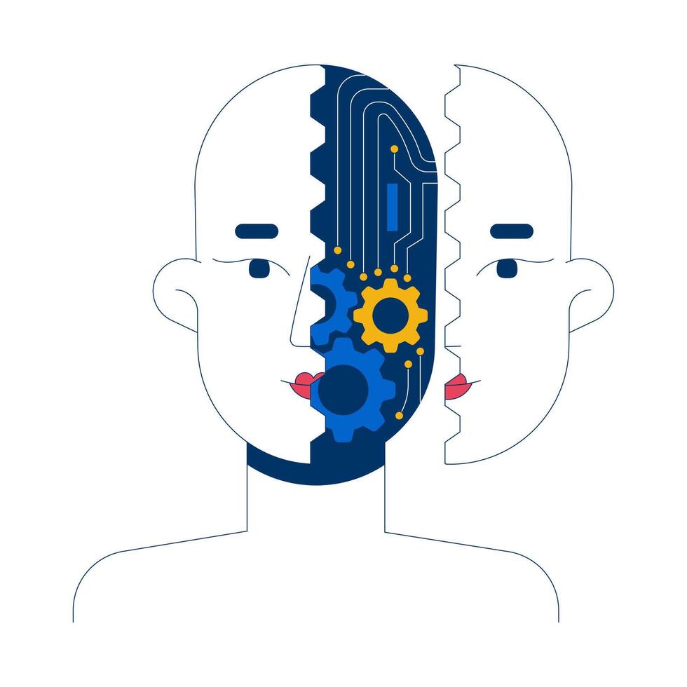 Robotics artificial intelligence 2D animation. Revealing head with AI circuitry and gears. Half robot face. Transhumanism animated composition cartoon flat concept metaphor 4K isolated on white vector