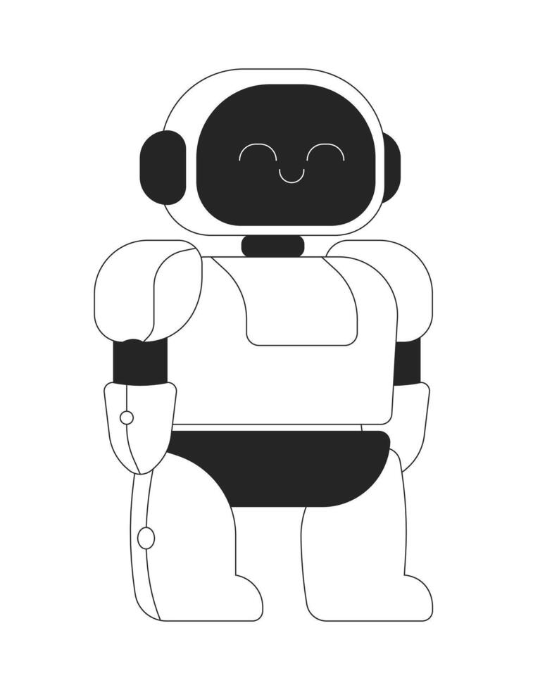 Adorable small humanoid robot with friendly smiling expression 2D line object. Cute robotic technology. Tech futuristic toy isolated clipart ink outline item. Monochrome spot illustration vector