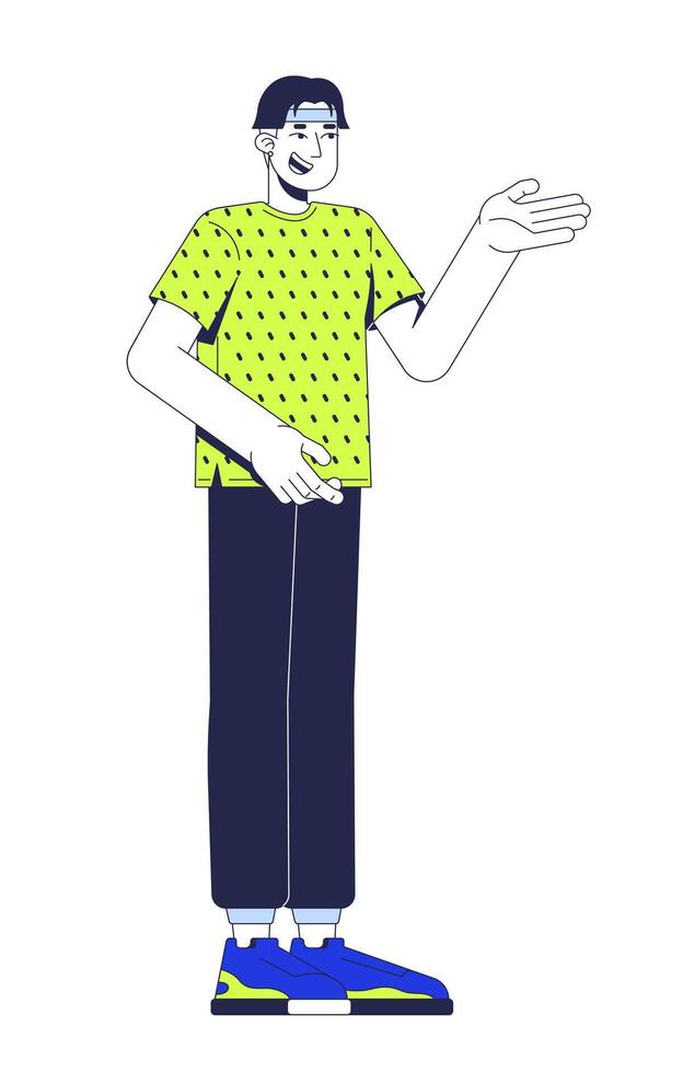 Casual asian man gesturing in lime green tshirt while speaking 2D cartoon character. Chinese guy in friendly and approachable pose flat person isolated on white. Spot illustration colorful vector