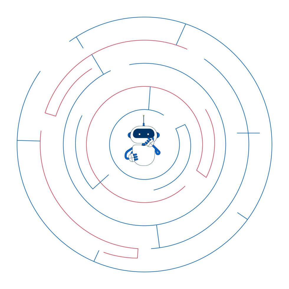 Training AI through problem solving 2D animation. LLM finding way out of labyrinth. Robot escaping maze of logic animated composition cartoon flat concept metaphor 4K isolated on white vector