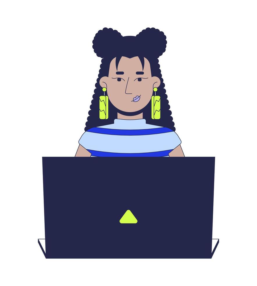 Stylish latina woman with long earrings typing laptop 2D cartoon character. Web designer. Confident hispanic female developer coding flat person isolated on white. Spot illustration colorful vector
