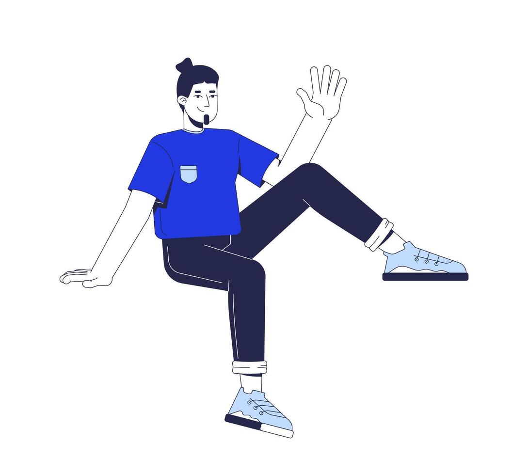 Cheerful young adult man sitting casually and waving 2D cartoon character. Caucasian guy in relaxed posture, friendly gesture flat person isolated on white. Spot illustration colorful vector