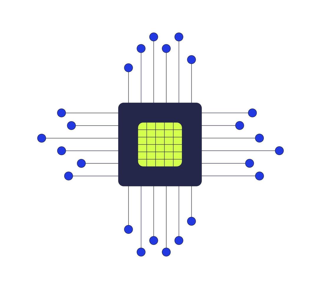 Central microchip with extending circuit nodes 2D cartoon object. Computing power. IT technology. AI chip motherboard. CPU symbol isolated element flat clip art on white. Spot illustration vector